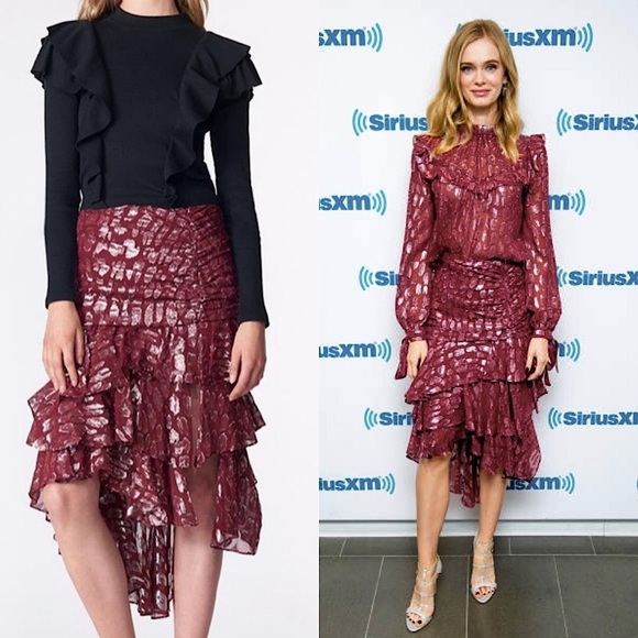 VERONICA BEARD Silk Burgundy Metallic Detail Ruched Tiered Ruffle Midi Skirt 2 - Picture 1 of 5
